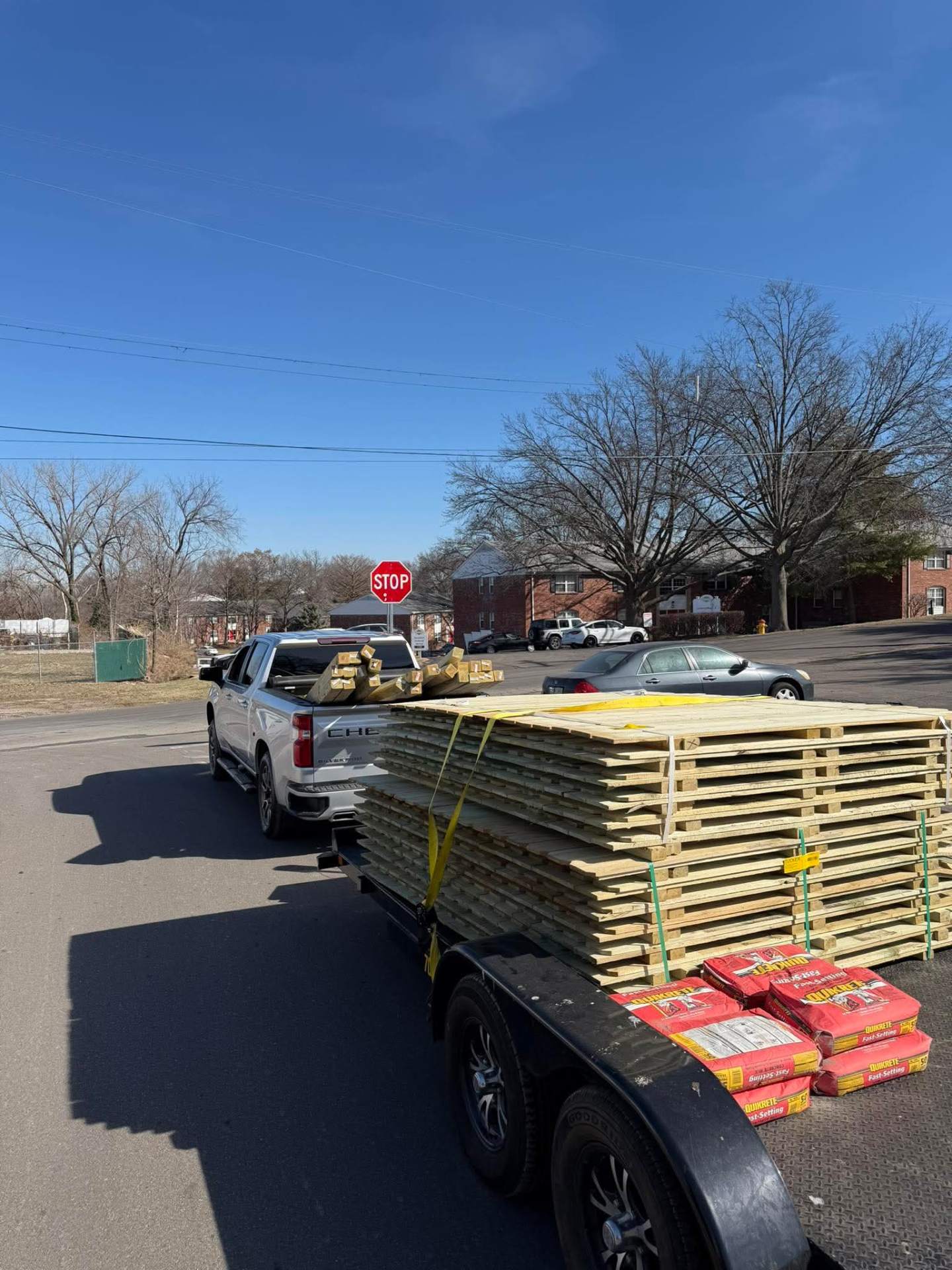 Lumber and Quikrete loaded on trailer